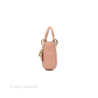 Christian Dior Micro Lady Dior Cannage Rose Des Vents Cannage Lambskin Gold Hardware