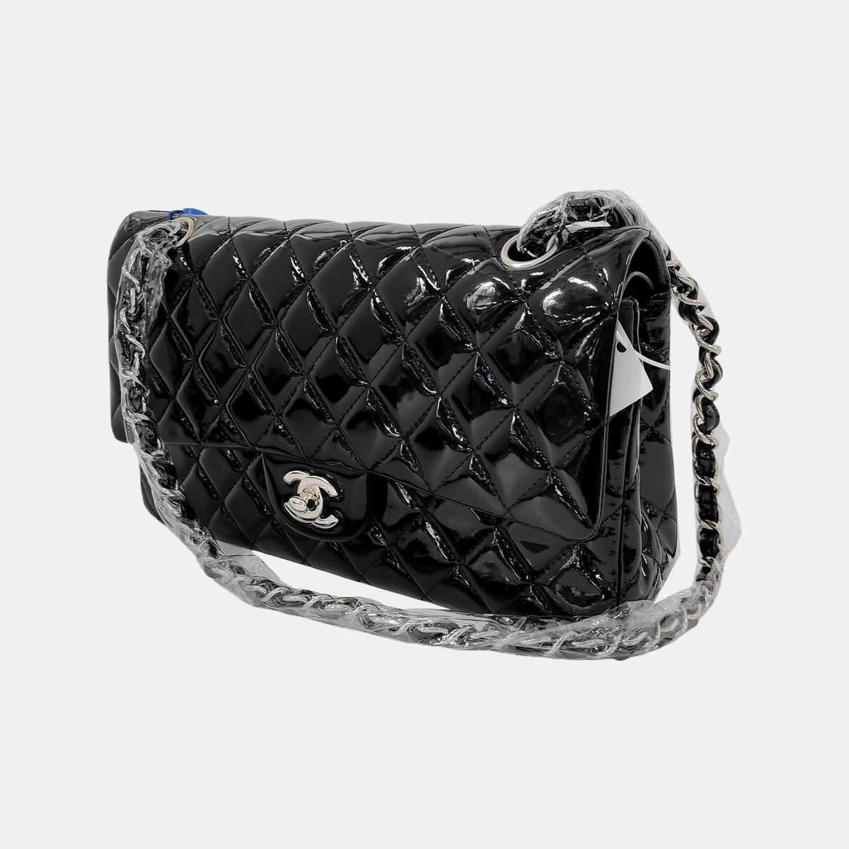 Chanel Classic Flap Medium Black Patent Leather Silver HW