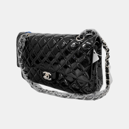 Chanel Classic Flap Medium Black Patent Leather Silver HW
