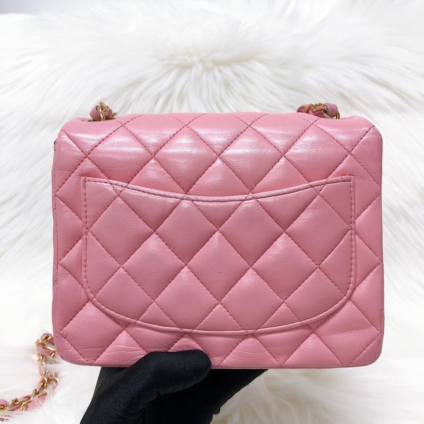 Vintage Mini Square Flap Bag in Pink Quilted Lambskin Leather GHW