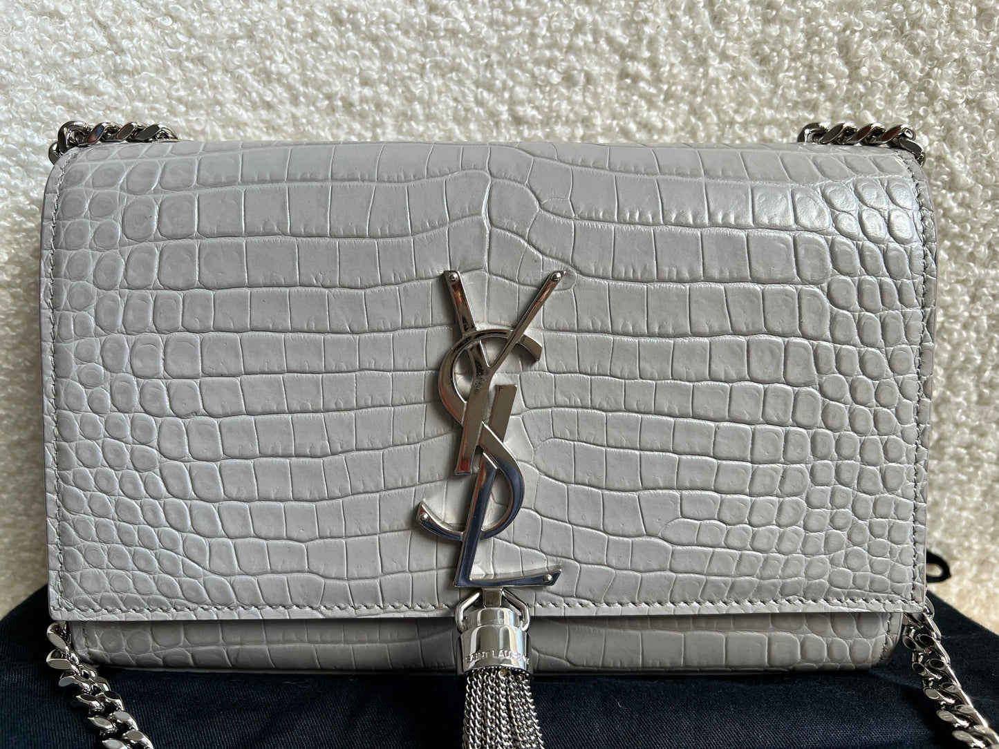 Yves Saint Laurent (YSL) Light Grey Croc Small Kate