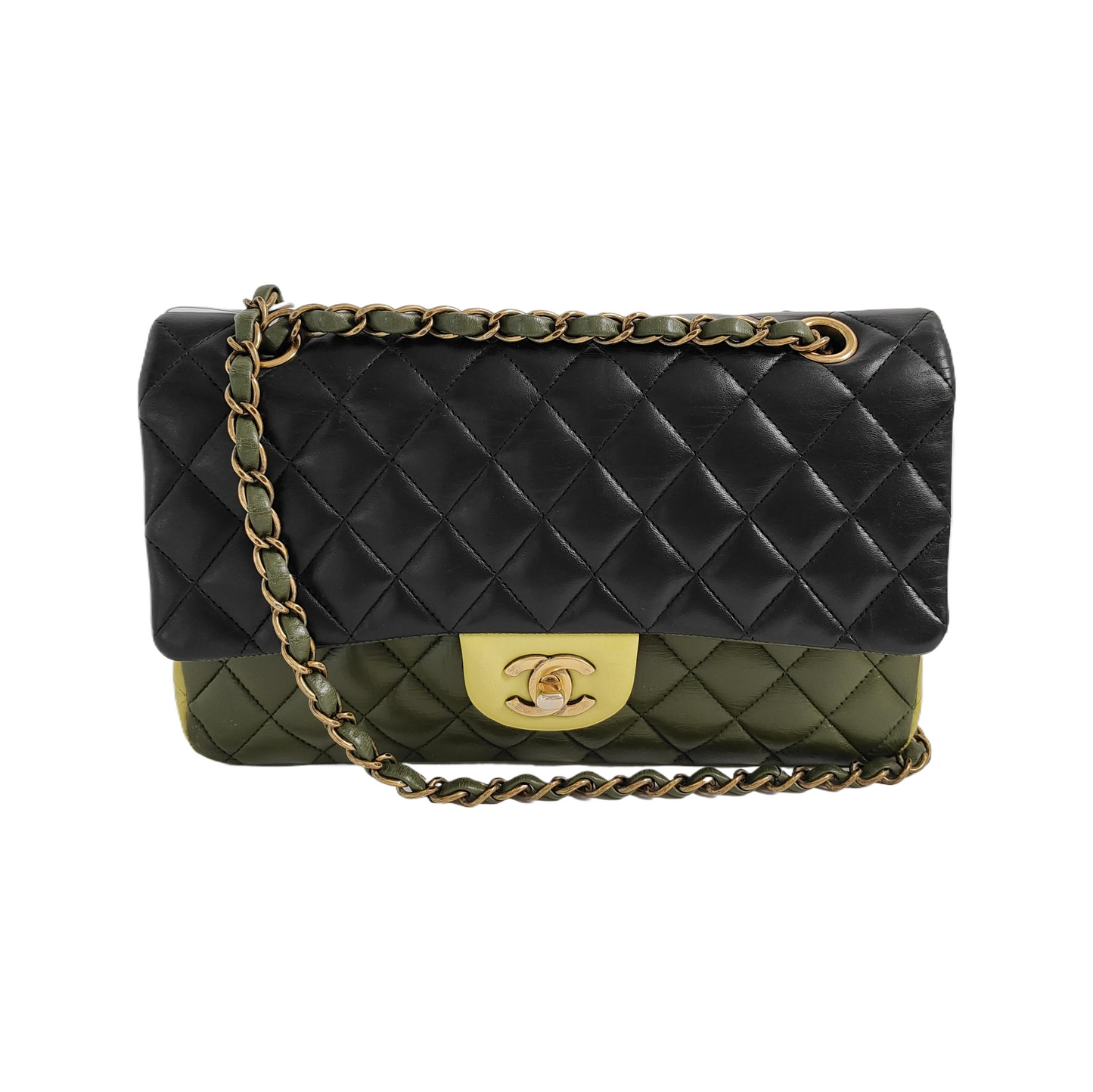 Chanel Timeless Classic Flap Medium Tricolor Black Green Lambskin Leather Gold-tone Hardware