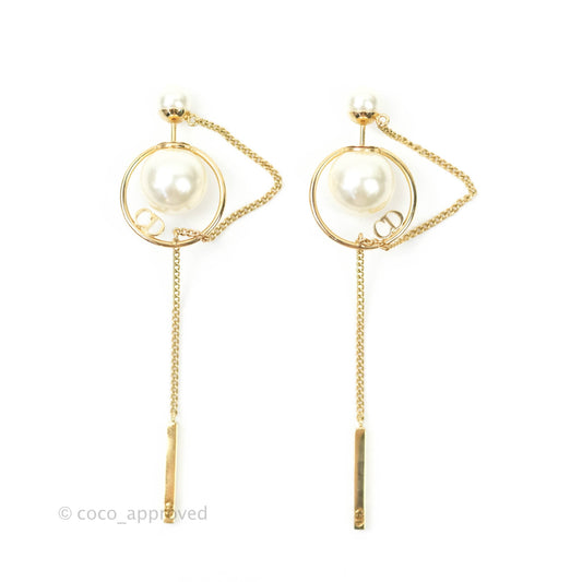 Christian Dior CD Pearl Long Drop Earrings Gold Tone