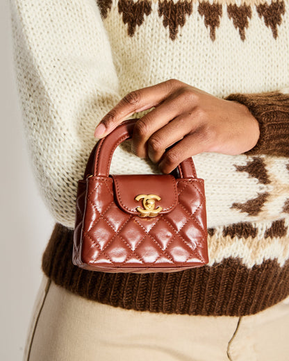 Chanel Brown Nano Mini Kelly Shopping Bag in Aged Calfskin Leather with Brushed Antique Gold Hardware