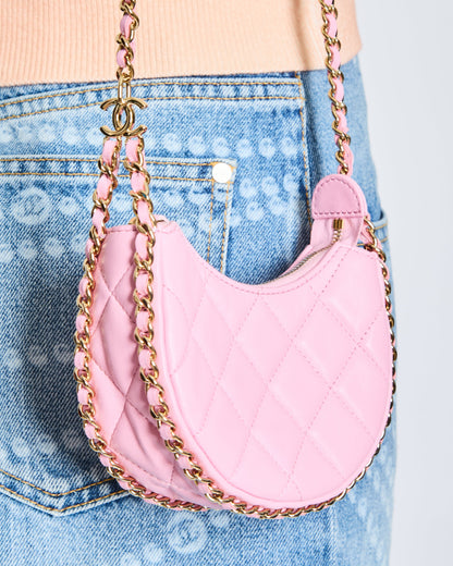 Chanel Bright Pink Small Half Moon Hobo Bag with Champagne Gold Chain All Around Detail