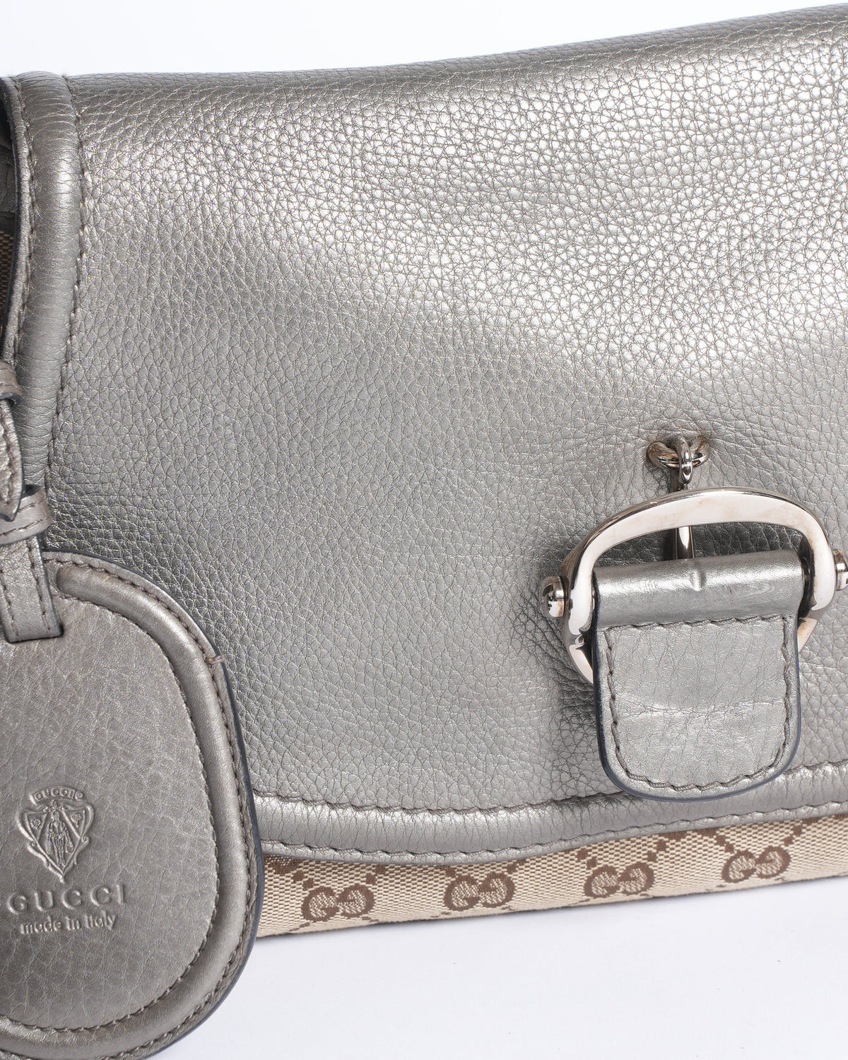 Gucci Grey Beige Leather and Canvas Techno Horsebit Hobo