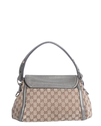 Gucci Grey Beige Leather and Canvas Techno Horsebit Hobo