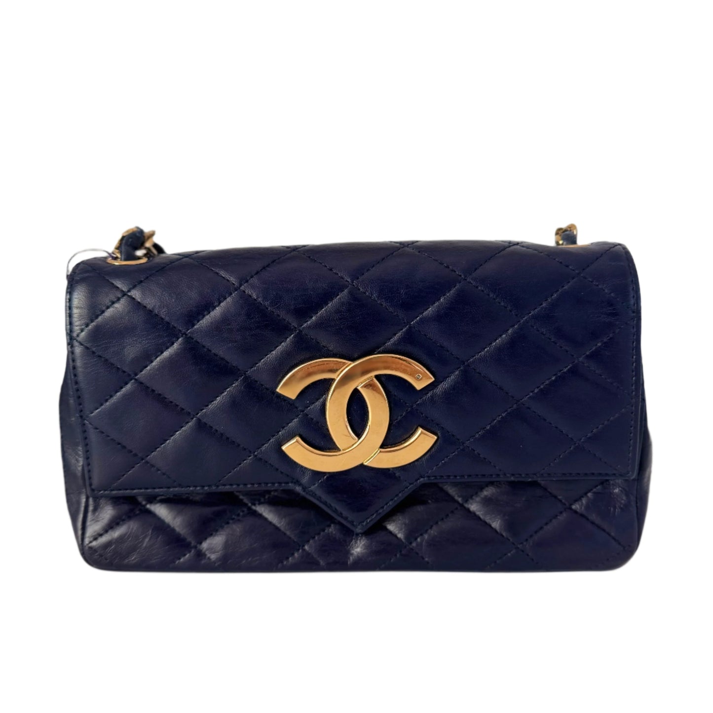 Chanel Vintage Classic Flap Mini Navy Lambskin Mega CC Logo 24k Gold HW, 1989-1991