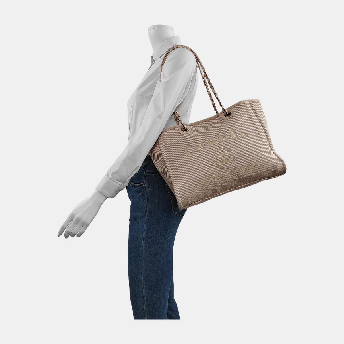 Chanel Deauville Tote Light Pink Cloth Leather Chain Strap Small 34cm