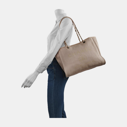 Chanel Deauville Tote Light Pink Cloth Leather Chain Strap Small 34cm