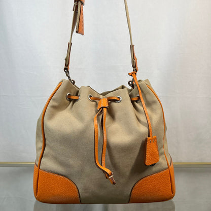 Prada Leather & Canvas Drawstring Orange Bucket Bags TS3776