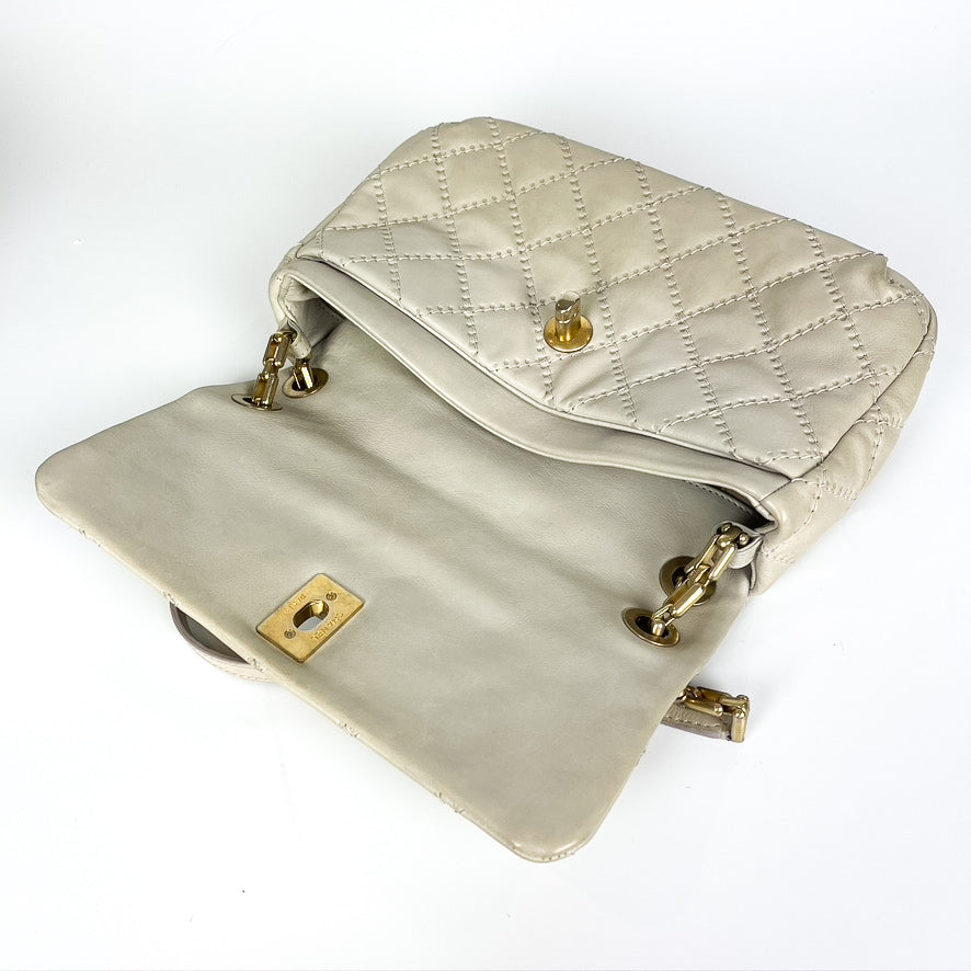 Calfskin Quilted Medium Wild Stitch Flap Beige