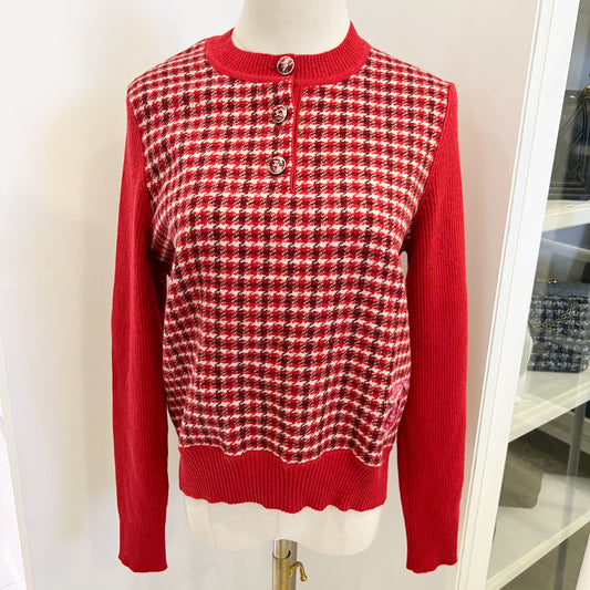 Chanel Pullover with CC Logo Buttons in Checkered Red and Cream Cashmere Size 40