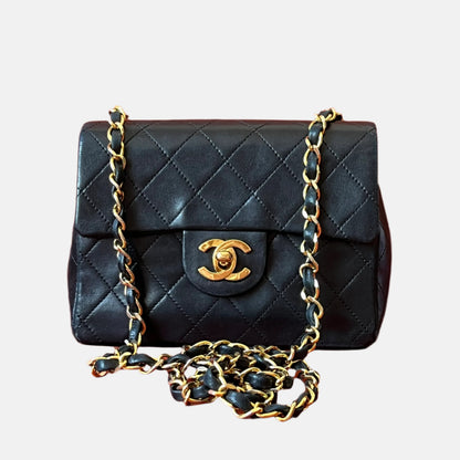 Chanel Vintage Classic Flap Mini Square Black Lambskin 24k Gold HW, 1989-1991