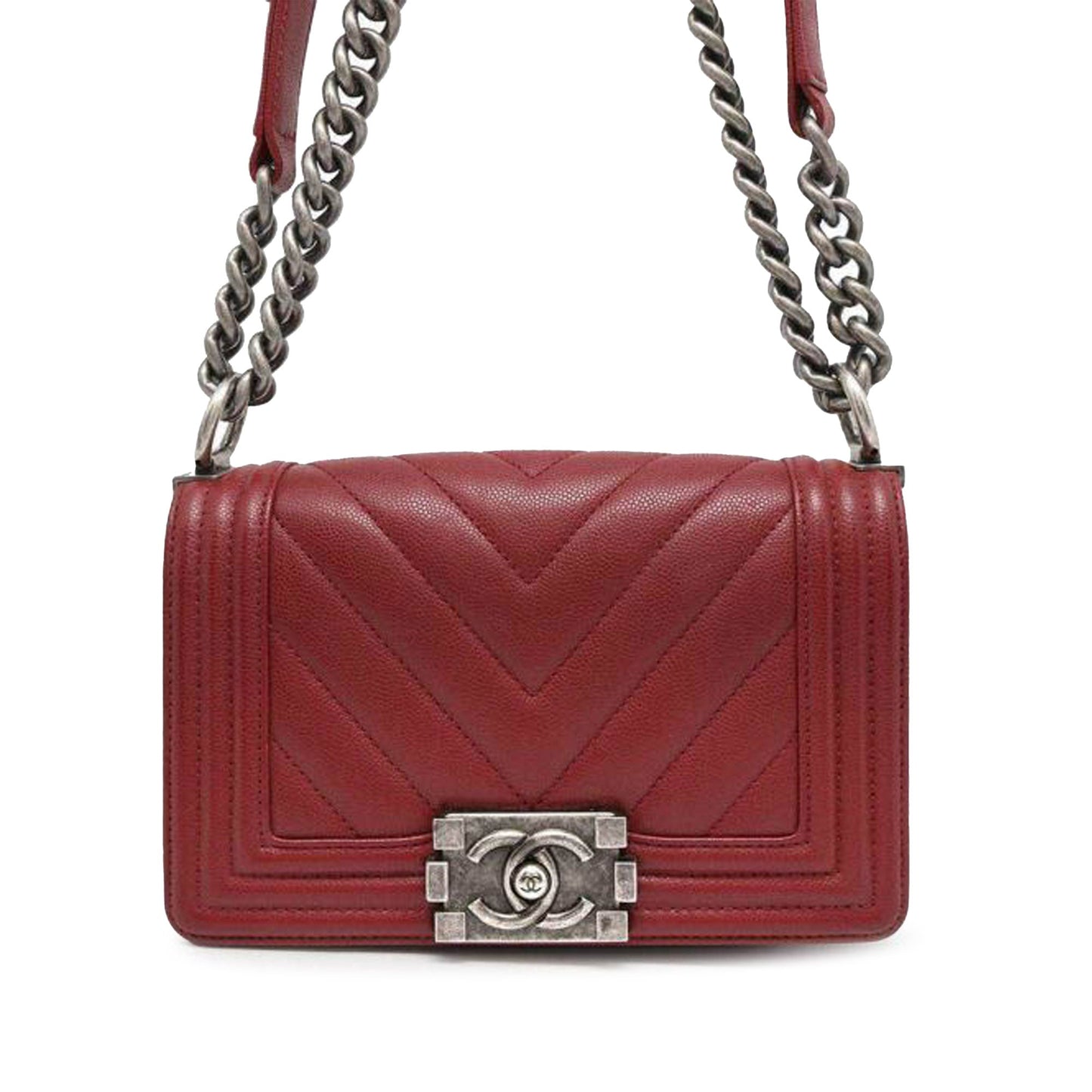 Red Chanel Small Chevron Quilted Caviar Boy Flap Crossbody Bag