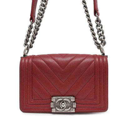 Red Chanel Small Chevron Quilted Caviar Boy Flap Crossbody Bag