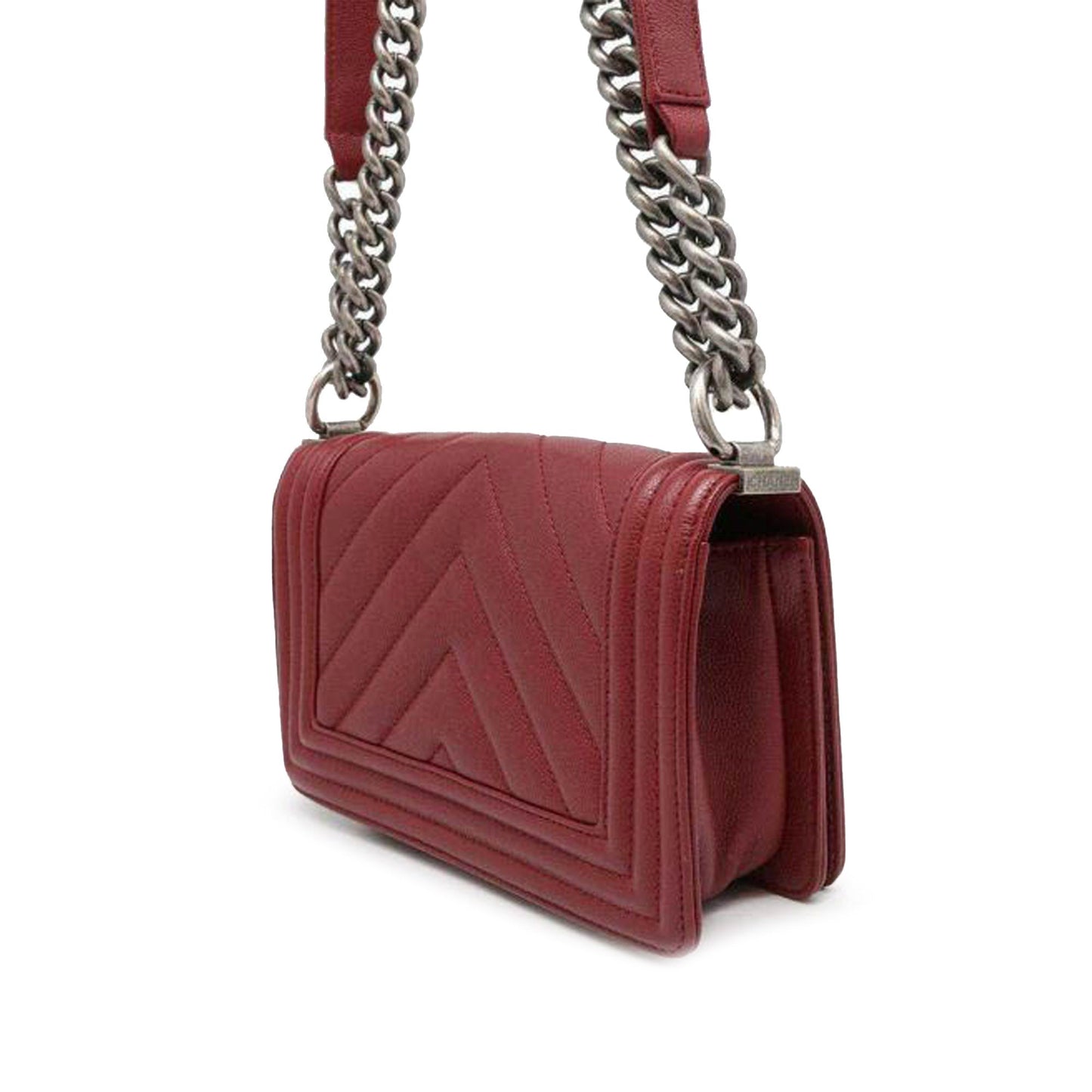 Red Chanel Small Chevron Quilted Caviar Boy Flap Crossbody Bag