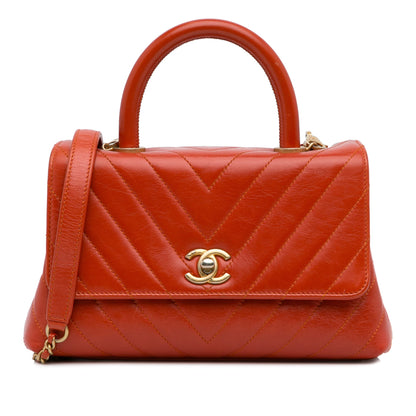 Red Chanel Small Lambskin Chevron Coco Top Handle Bag Satchel