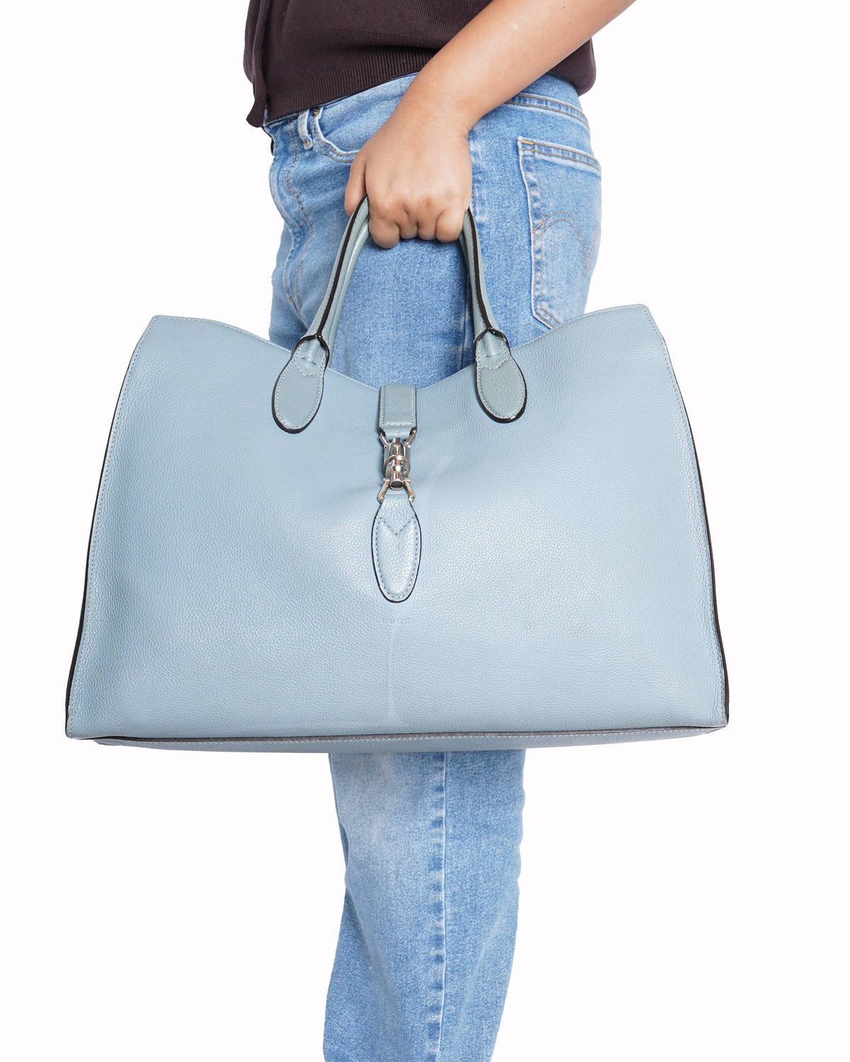 Gucci  Light Blue Pebbled Leather Soft Jackie Large Top Handle Bag