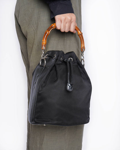 Gucci Vintage Nylon Patent Leather Bamboo Bucket Bag