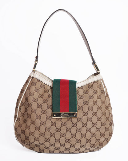Gucci Beige/Brown GG Canvas And Leather Medium New Ladies Web Hobo