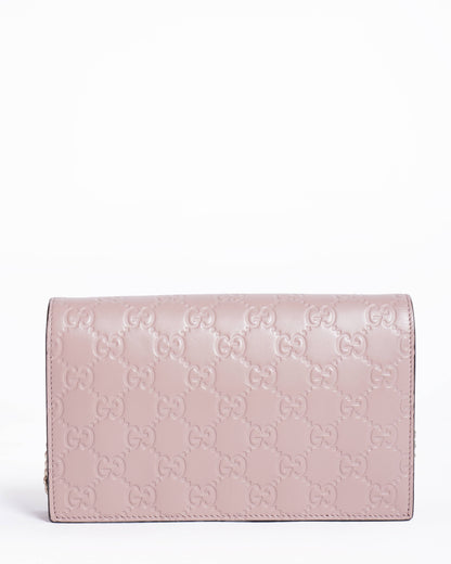 Gucci Pink Guccissima Leather Bow Flap Wallet on Chain