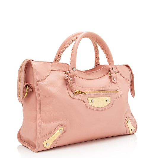 Balenciaga Agneau Metal Plate Classic City Satchel (SHF-B6AuKw)