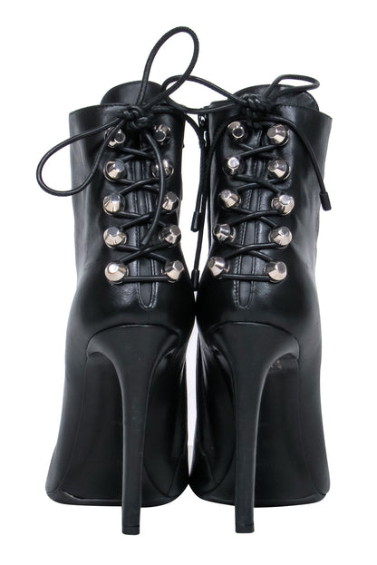 Balenciaga – Black Leather Pointy Toe Booties w/ Lace Up Back Sz 7.5