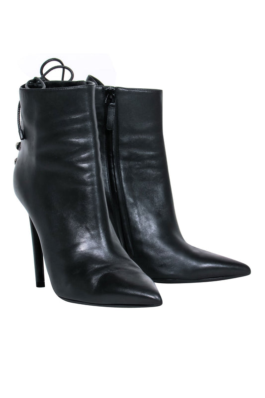 Balenciaga – Black Leather Pointy Toe Booties w/ Lace Up Back Sz 7.5