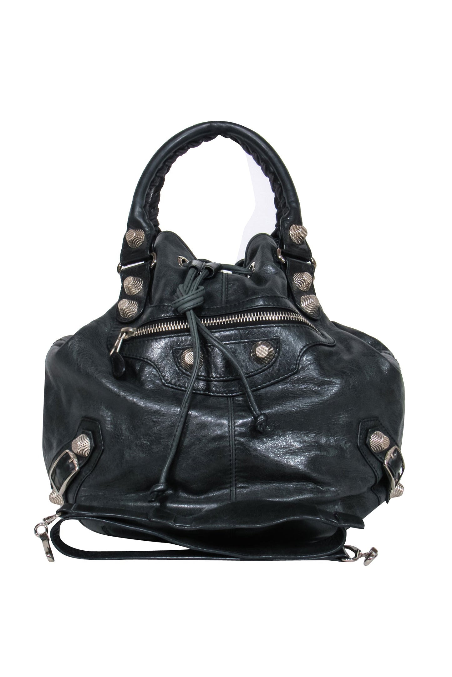Balenciaga - Black Leather Studded Motorcross Pompon Bucket Bag