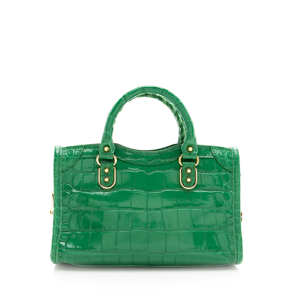 Balenciaga Croc Embossed Calfskin Metallic Edge City Nano Satchel (SHF-19953)