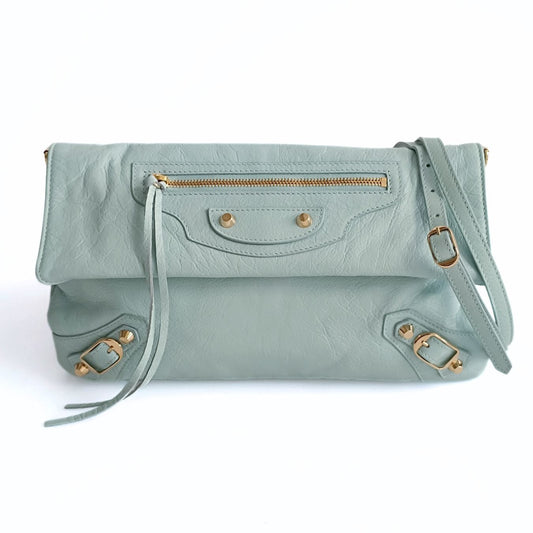 Balenciaga Balenciaga Balenciaga Giant Clutch with shoulder strap in aqua green leather