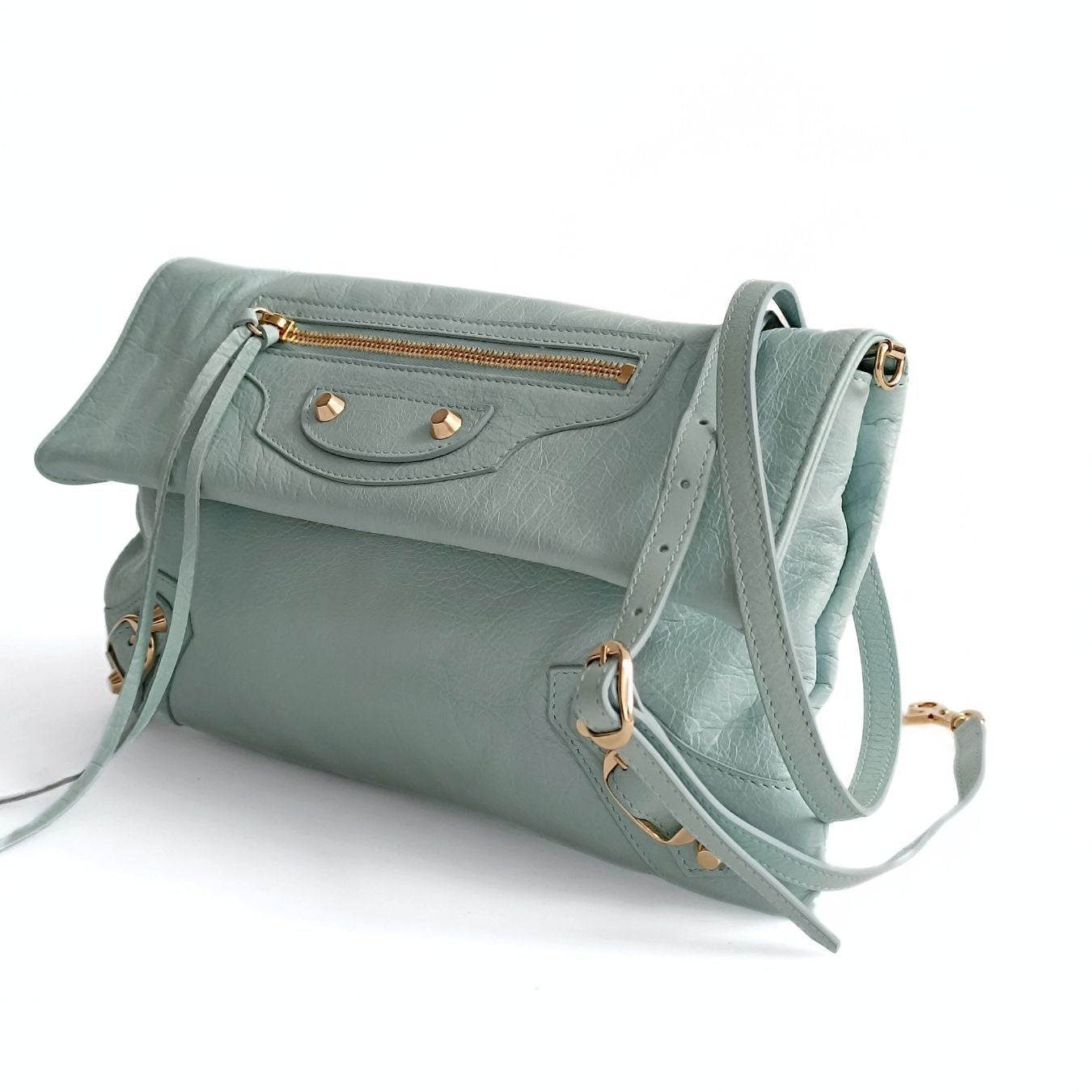Balenciaga Balenciaga Balenciaga Giant Clutch with shoulder strap in aqua green leather