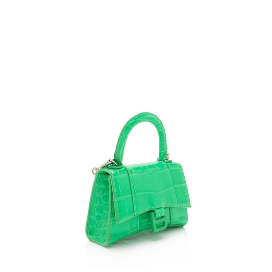 Balenciaga Shiny Croc Embossed Calfskin Hourglass Super Nano Top Handle Bag (SHF-c6OAtN)