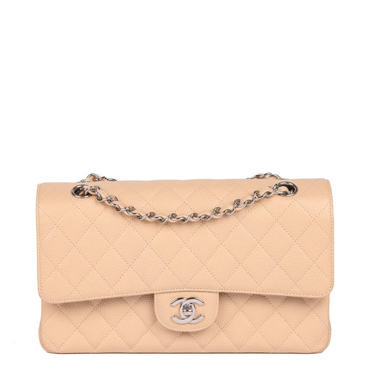 Chanel Beige Quilted Caviar Leather Medium Classic Double Flap Bag