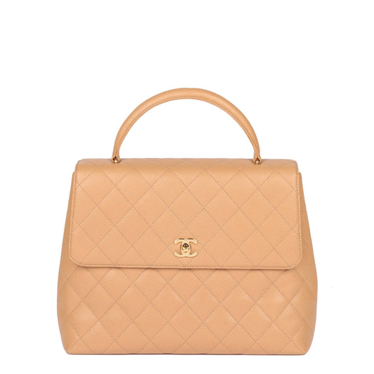 Chanel Beige Quilted Caviar Leather Vintage Classic Kelly Top Handle Bag