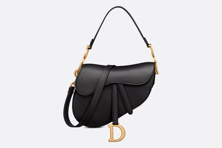 Black Grained Calfskin Saddle Bag With Strap Leather Handbag for Women