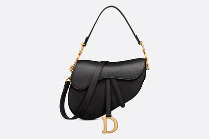 Black Grained Calfskin Saddle Bag With Strap Leather Handbag for Women