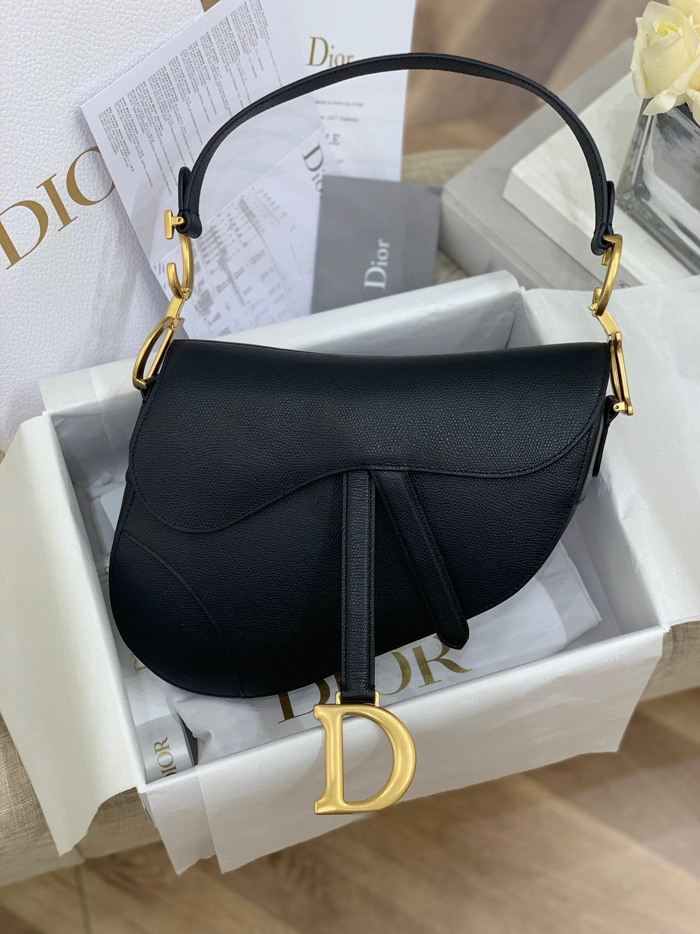 Black Grained Calfskin Saddle Bag With Strap Leather Handbag for Women
