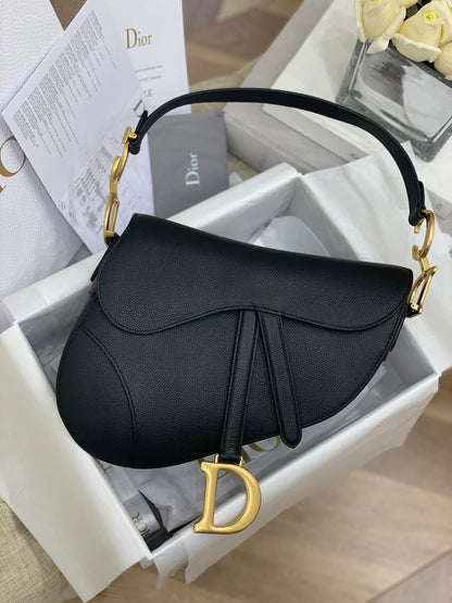 Black Grained Calfskin Saddle Bag With Strap Leather Handbag for Women