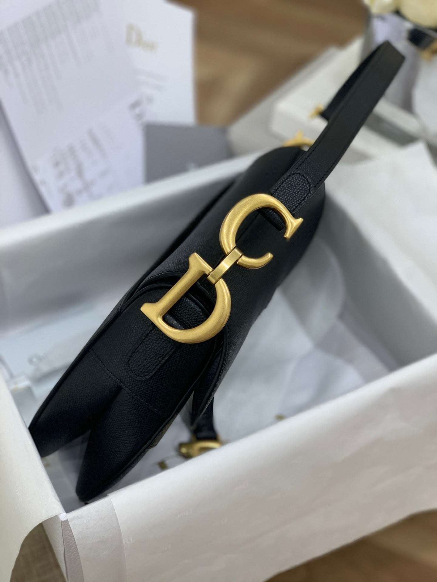 Black Grained Calfskin Saddle Bag With Strap Leather Handbag for Women