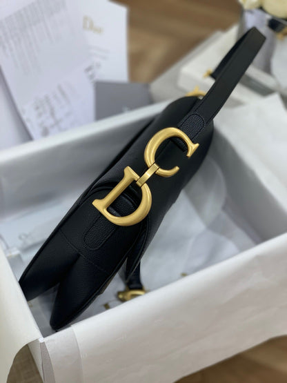 Black Grained Calfskin Saddle Bag With Strap Leather Handbag for Women