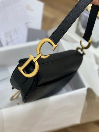 Black Grained Calfskin Saddle Bag With Strap Leather Handbag for Women