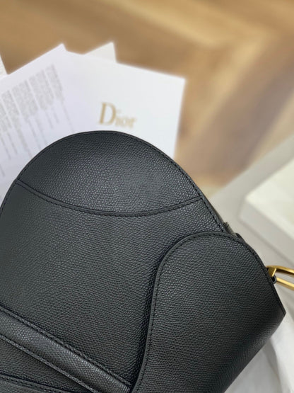 Black Grained Calfskin Saddle Bag With Strap Leather Handbag for Women