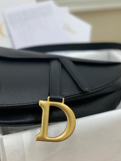 Black Grained Calfskin Saddle Bag With Strap Leather Handbag for Women