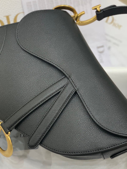 Black Grained Calfskin Saddle Bag With Strap Leather Handbag for Women