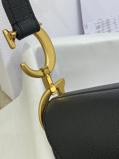 Black Grained Calfskin Saddle Bag With Strap Leather Handbag for Women