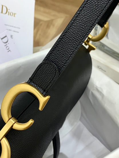 Black Grained Calfskin Saddle Bag With Strap Leather Handbag for Women