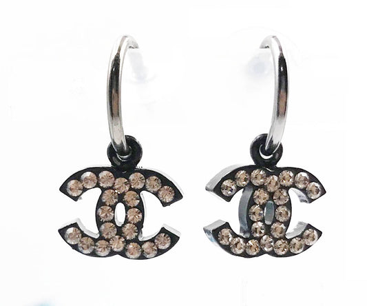 Chanel Black CC Shiny Silver Crystal Dangle Hoop Piercing Earrings