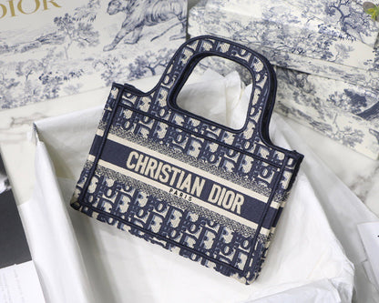 Blue Oblique Embroidery Mini Book Tote Leather Mini Bag for Women